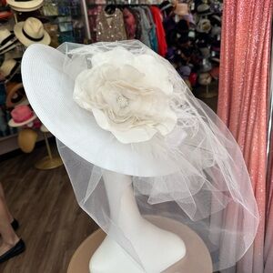 Fluer De Paris Bridal/ Derby White Wide-Brimmed Hat with Floral Veil